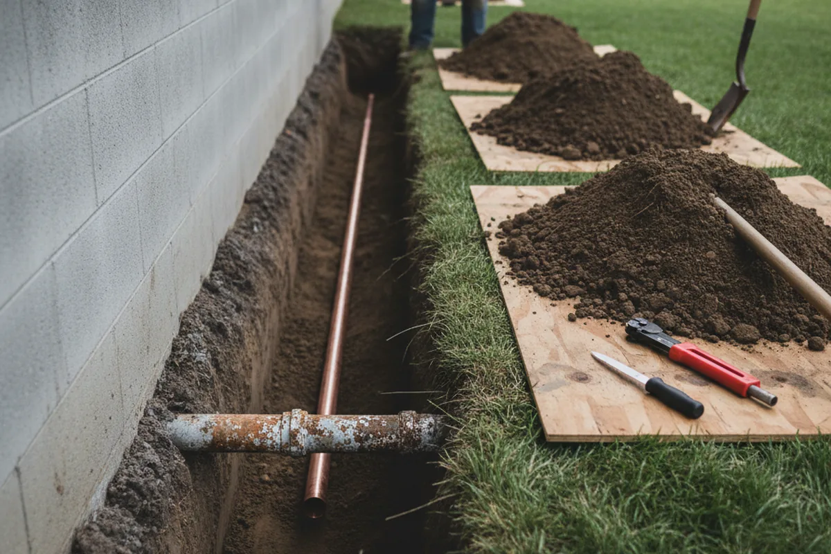 Excavated water line trench during Water Heater Repair in Whitehall